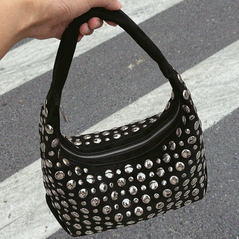 Half Moon Bag Suede - Mode Bezaaid Schoudertas Faux Suède Klinknagel